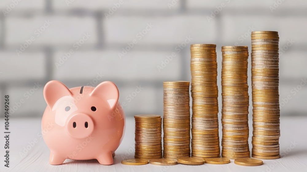 Aufkleber closeup of a pink piggy bank placed next to tall growing columns of gold coins on a clean white back