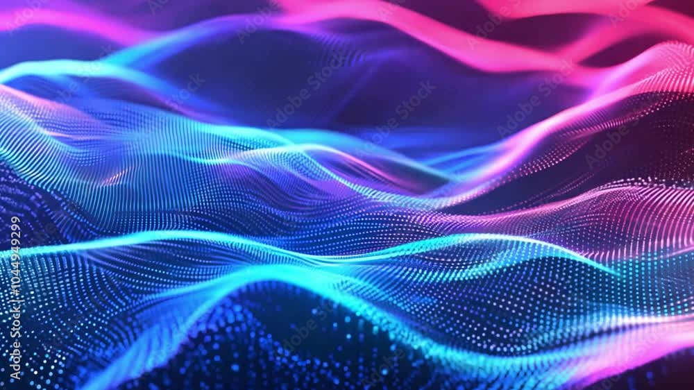 Poster colorful wave patterns in blue and pink tones illuminated in a dark setting, creating a captivating 