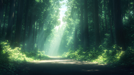 Naklejka premium serene forest scene with sunlight filtering through tall trees, creating tranquil atmosphere. lush greenery and soft light evoke sense of peace and connection with nature