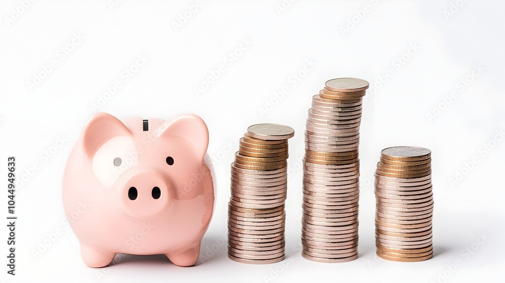 Poster Piggy Bank and Stacks of Increasing Coins on Minimalist White Background Symbolizing the Concept of Financial Growth and Wealth Accumulation Through Consistent Savings