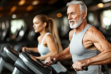 Fototapeta premium Two men in orange shirts are sitting on stationary bike. fit older man and another person workout diligently on treadmills at a gym, determination in maintaining an active lifestyle regardless of age