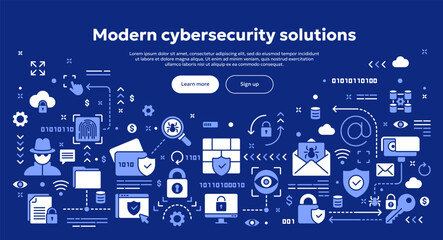 Naklejka premium Vector conceptual illustration related to cybersecurity, personal information protection, private data safety. Solid doodle banner or hero image for website