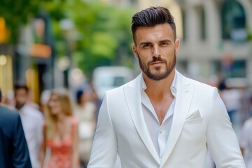 Obraz premium man a rectangular face shape,short dark hair, short hair in an elegant white suit walks down the street, looking at camera, city background, confident and charming expression, modern urban style,