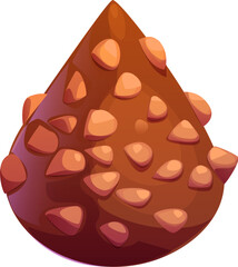 Chocolate candy or confectionery sweet dessert with nuts, vector icon. Chocolate confection with nougat or caramel syrup with almond or walnut crushed nuts or cacao sprinkles for pastry food