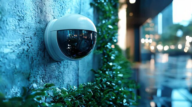 A modern outdoor security camera mounted on a wall, overlooking a courtyard with trees and bokeh lights