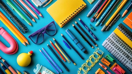 A colorful education flyer layout filled with vibrant graphics of school supplies, promoting a variety of academic programs and learning paths.