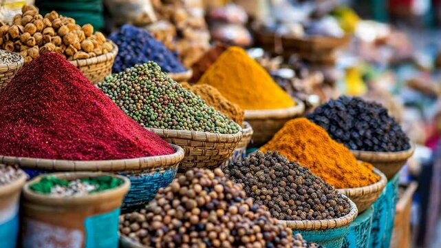 various type of beans and spice on woven bucket at Indian street market
