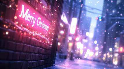 Fototapeta premium festive street scene captures essence of winter with Merry Christmas sign glowing amidst falling snow. colorful lights create warm, inviting atmosphere