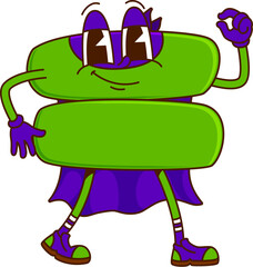 Cartoon math equals symbol superhero character. Isolated vector mathematics sign. Funny and quirky school educational super hero personage in mask and cape with cute smiling face and retro comic vibe