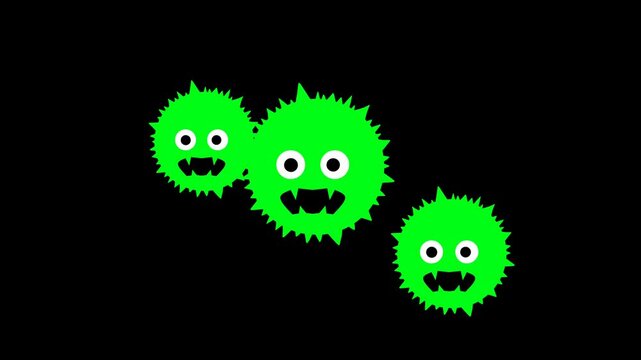 Cartoon animation of green virus monster character on black background