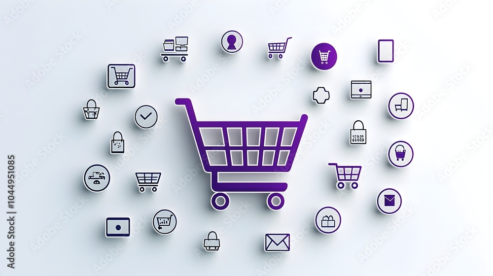 Poster elegant and modern neumorphic shopping cart icon with smooth purple gradient and 3d outlined buttons