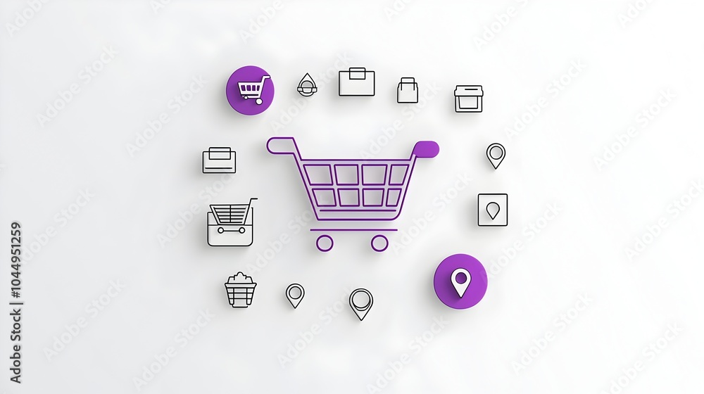 Aufkleber Sleek and modern neumorphic shopping cart with a purple gradient background 3D pin buttons and outline design elements for ecommerce branding and digital marketplace applications