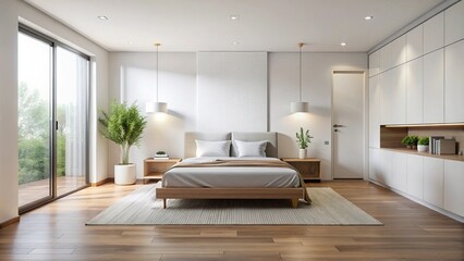 Sleek small bedroom in spacious house with white minimalistic decor Panoramic