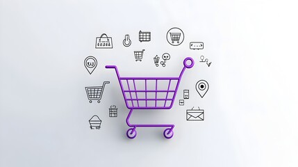 Neumorphic shopping cart design with a gentle purple gradient soft 3D pin buttons and outlined icons representing a supermarket basket or ecommerce concept  The minimalist