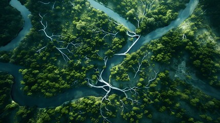 An intricate network of river tributaries flows through lush forests in the Ariel top-down view