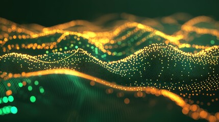 Abstract Waveforms with Glowing Dots in Green and Gold