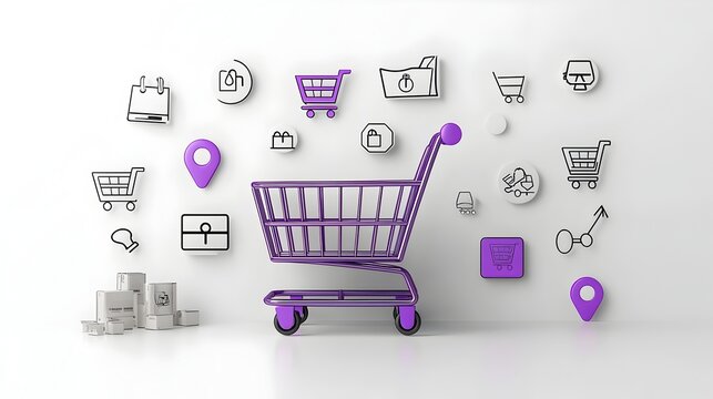 Neumorphic shopping cart design with soft 3D pin buttons outlined symbols and a soothing purple gradient representing a modern and minimalist supermarket basket or ecommerce interface