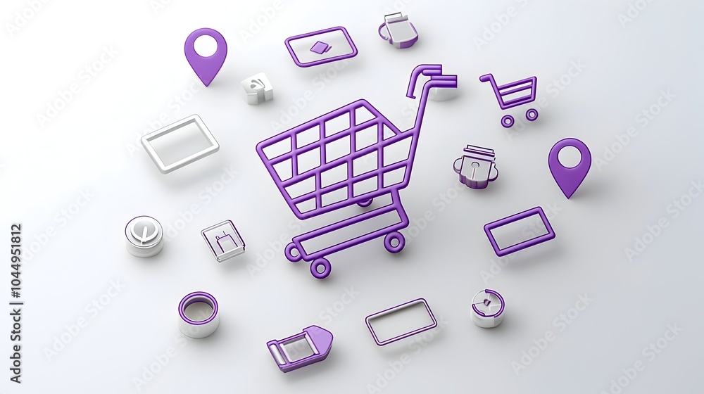 Fototapete neumorphic 3d shopping cart icon with purple gradient and line style buttons representing modern dig