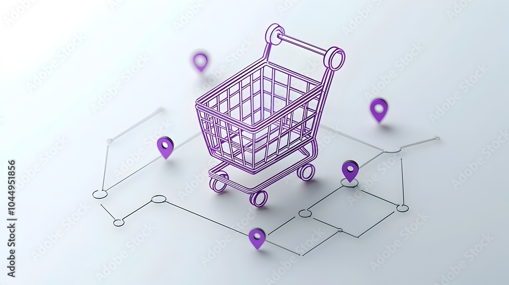 Fototapete neumorphic 3d shopping cart icon with a sleek purple gradient design and pin buttons representing th