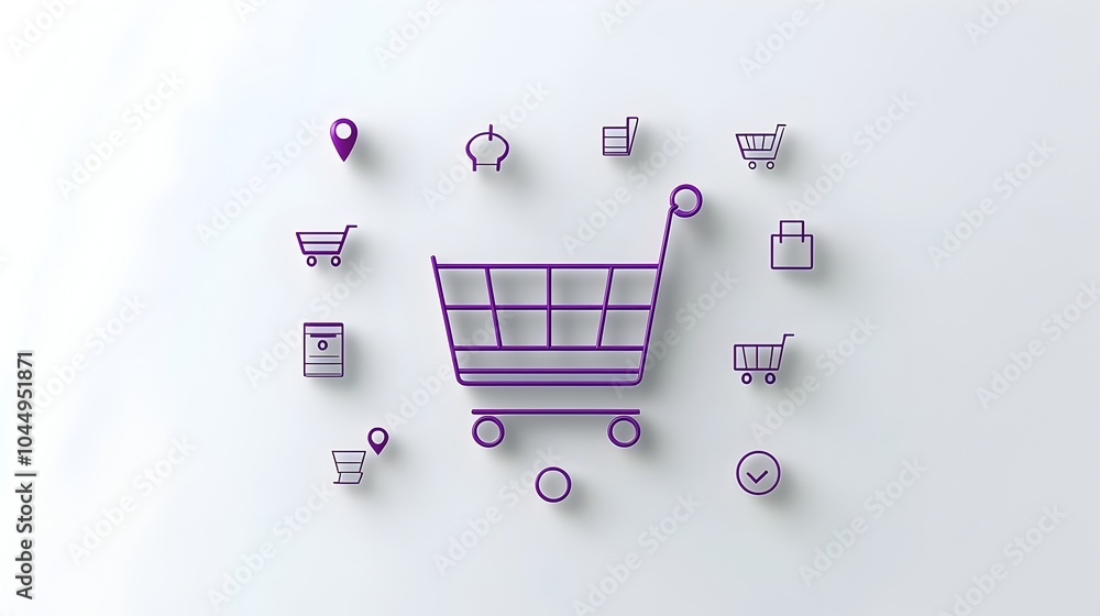 Fototapete detailed 3d neumorphic shopping cart icon in a purple gradient color scheme featuring pin buttons an