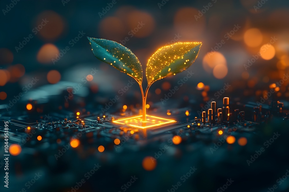 Poster digital seedling sprouting from circuit board symbolizing technological growth and nature s