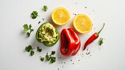 Bell pepper with guacamole healthy food isolated on white background
