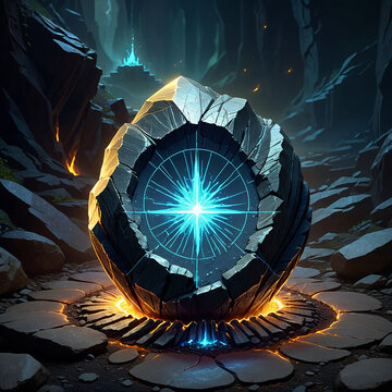 A large stone orb with a glowing blue starstone symbol inside rests on a cracked stone pathway. The orb sits in a dark, rocky environment with orange sparks around it.
