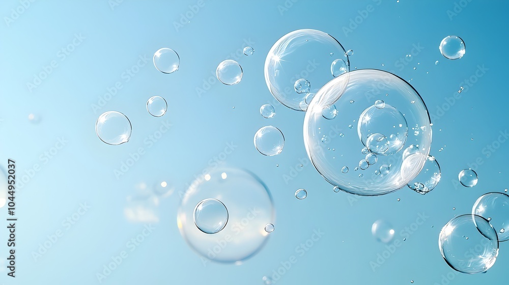 Poster tranquil floating bubbles set against a soft gradient blue background creating a calming and immersi