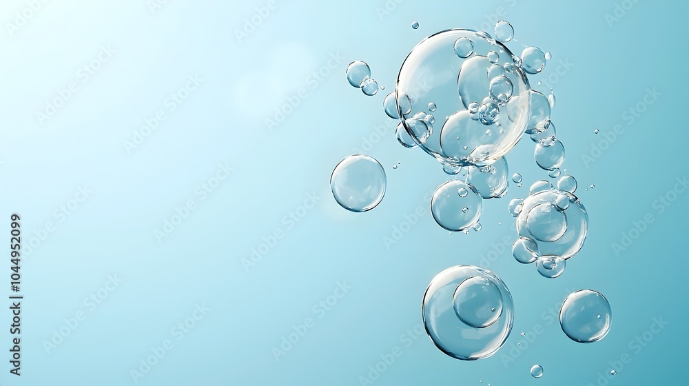 Poster mesmerizing airy water bubbles gently floating on a soft blue gradient background creating a minimal