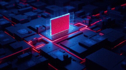 A 3D visualization of a digital firewall featuring a glowing protective barrier that blocks cyber threats, showcasing layers of security and technology.