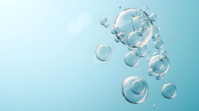 Mesmerizing airy water bubbles gently floating on a soft blue gradient background creating a minimalistic and soothing underwater scene with a serene tranquil atmosphere
