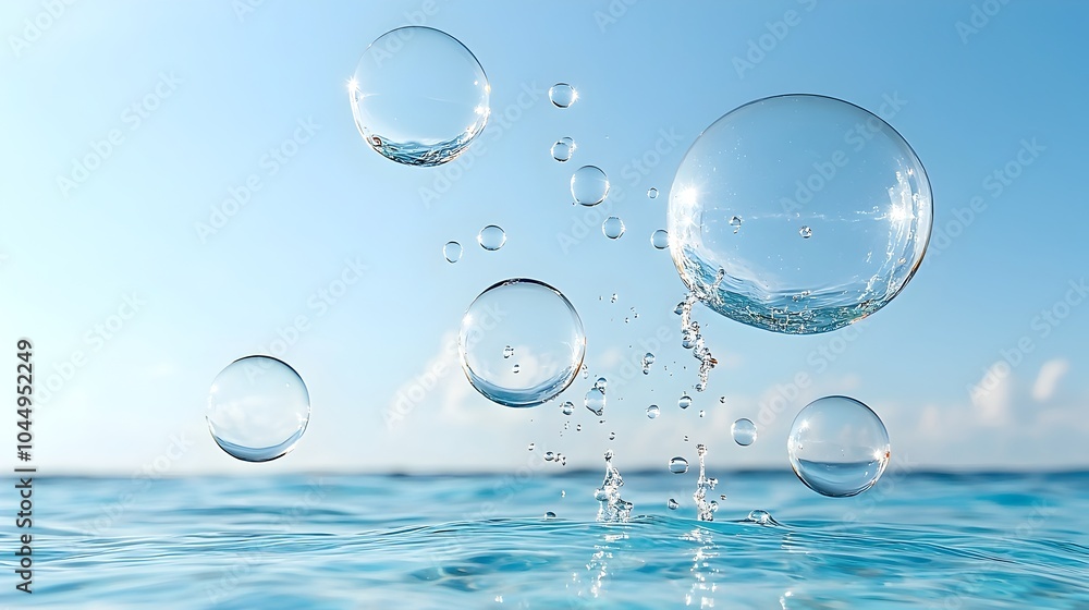 Aufkleber Tranquil Aquatic Bubble Fluid Abstract for Calming Wallpaper or Digital Backdrop  Close up of large water bubbles in mid air set against a serene ocean blue background