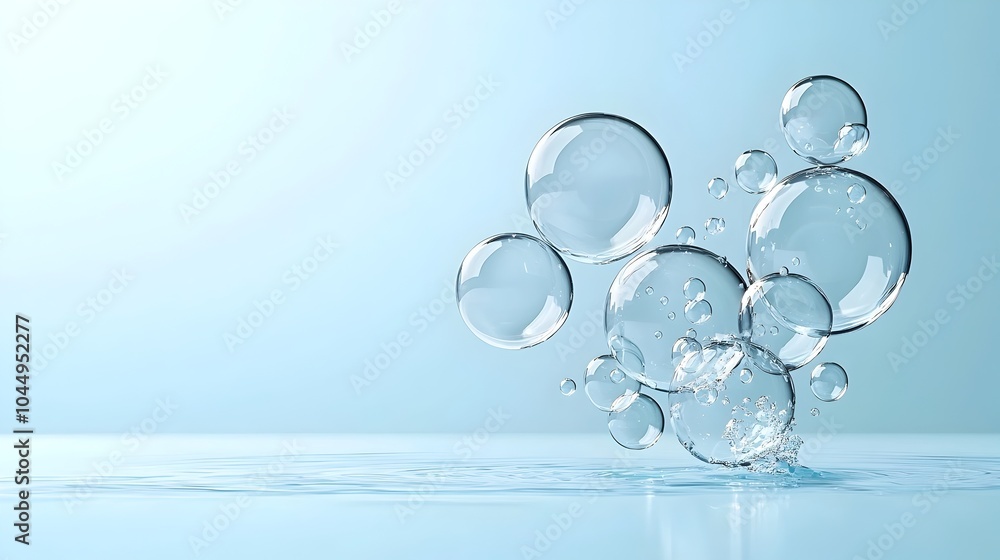 Poster transparent and floating water air bubbles against a soft blue background with gentle light reflecti