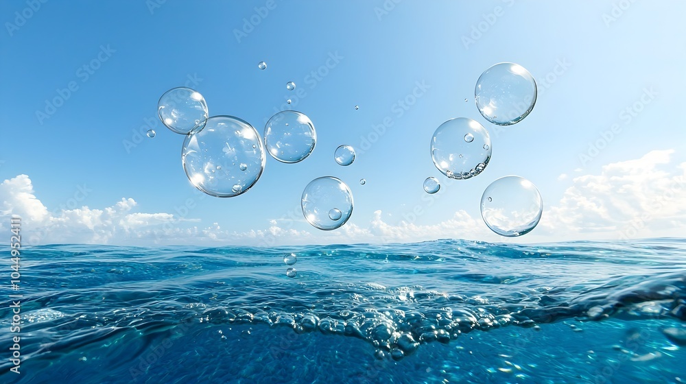 Poster mesmerizing floating water bubbles suspended on a smooth gradient ocean blue background creating a t