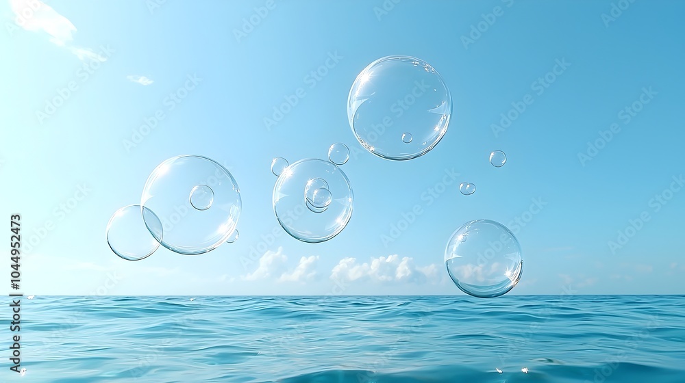 Leinwandbilder large floating water bubbles suspended in a smooth gradient ocean blue background creating a tranqui