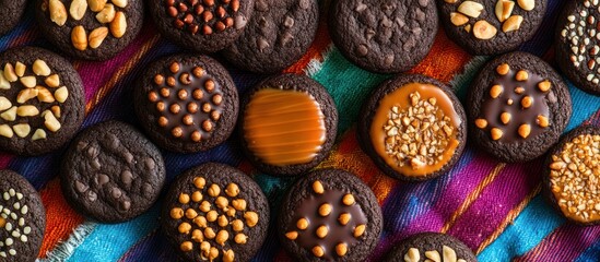 An assortment of chocolate cookies with various toppings including peanuts, caramel, and chocolate chips, arranged on a colorful striped tablecloth.