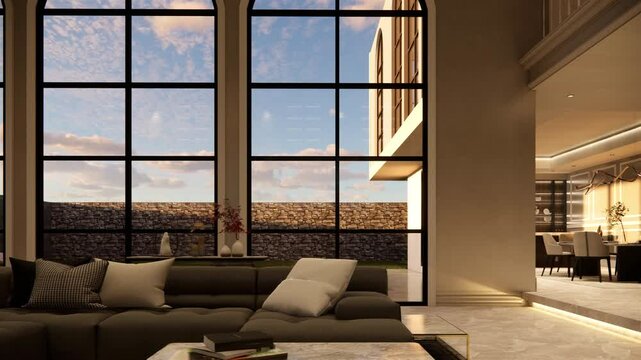 3d rendering. Interior house modern open living space with kitchen.Duplex residence.Home decoration interior design.drawing line sketch to realistic.