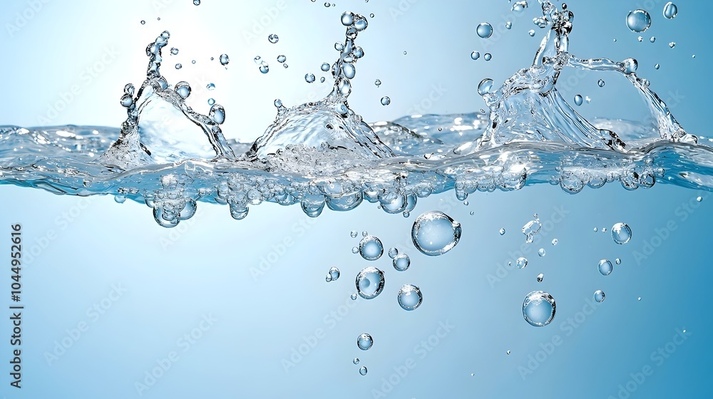 Poster huge water bubbles rising through clear blue water set against a soft blue gradient background creat
