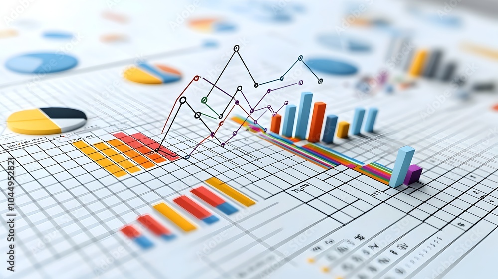 Aufkleber Detailed data visualization with vibrant intersecting line and bar charts on a grid backdrop showcasing intricate financial data analysis and insights