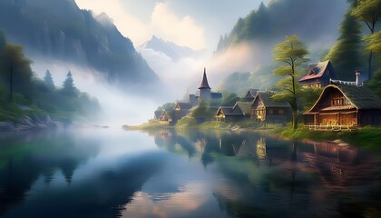 Obraz premium Small village reflecting in calm lake water at the foot of mountains