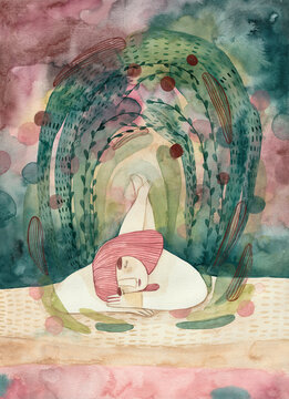 Girl with pink hair sleeping on a field, in the middle of the plants and leaves.