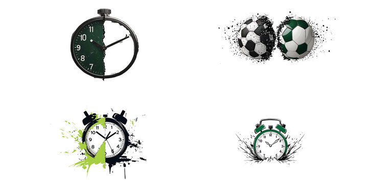 collection of dynamic sports themed graphics featuring stopwatches and soccer balls with splatter effects, conveying energy and motion. Perfect for sports events or promotions