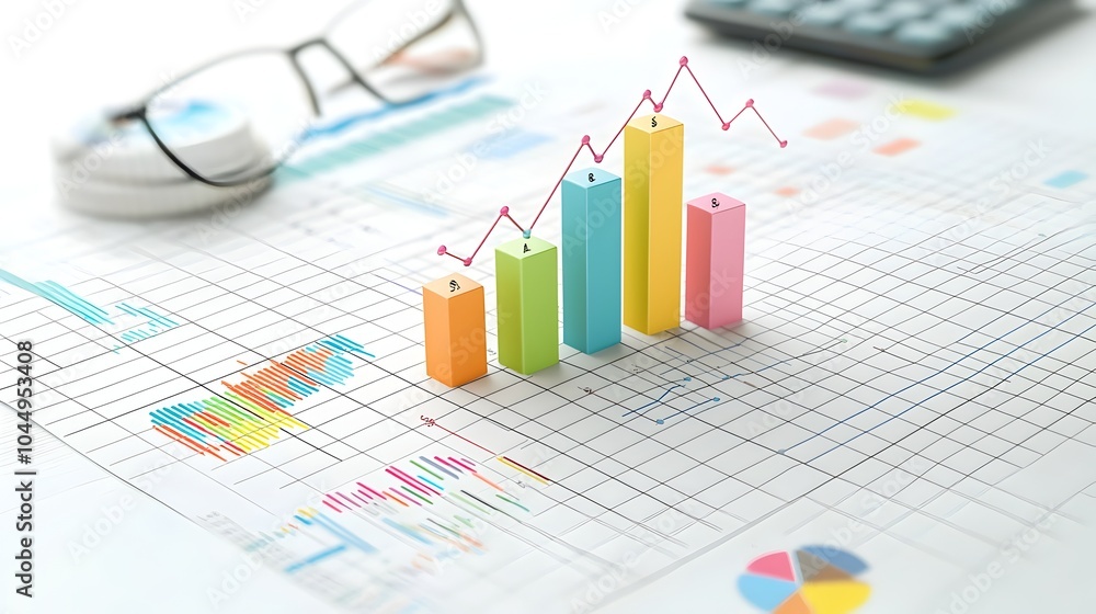 Poster Visually striking data visualization infographic displaying a combination of multi line chart and bar chart elements against a geometric grid backdrop