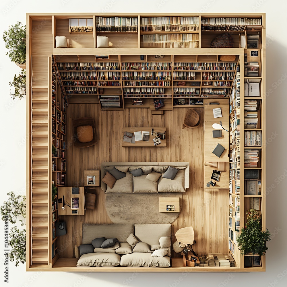 Poster top view 3d render of cozy home library featuring builtin bookshelves a rolling ladder and a small r