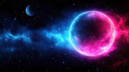 Obraz premium A large pastel-colored moon glowing softly, with stars and planets visible in the distant cosmic sky.