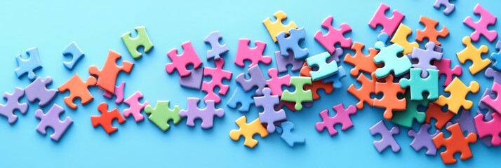 Obraz premium Colorful puzzle pieces on blue background. Business solutions, puzzle, strategy concept, copy space.