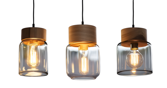 Nordic style wood and glass ceiling lamps over isolated transparent background