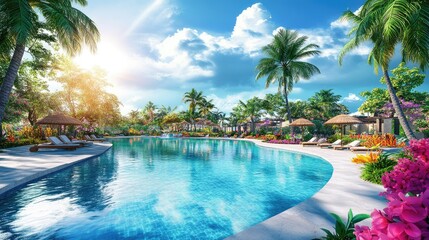 Fototapeta premium Serene Tropical Poolside Paradise with Palm Trees