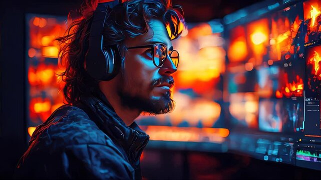 A film editor working on multiple monitors with vibrant bokeh lighting. The setup includes headphones, highlighting focus and creativity in video production