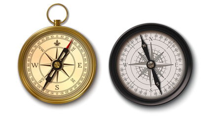 Realistic antique bronze and brass compass with wind rose arrows, vector marine navigation tool. Realistic antique compass with longitude and latitude degree in north, east, west and east direction